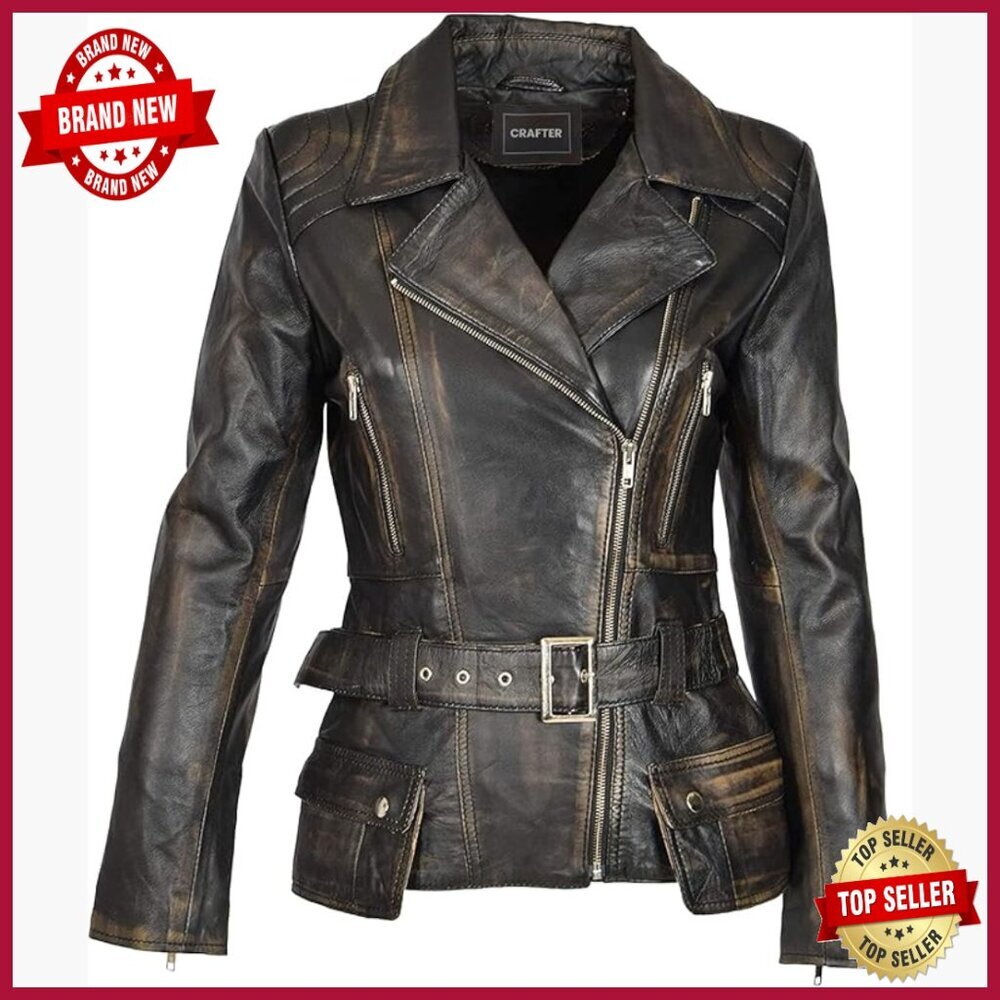 Genuine Lambskin Leather Moto Jacket, Distressed Biker Style, Front Zip